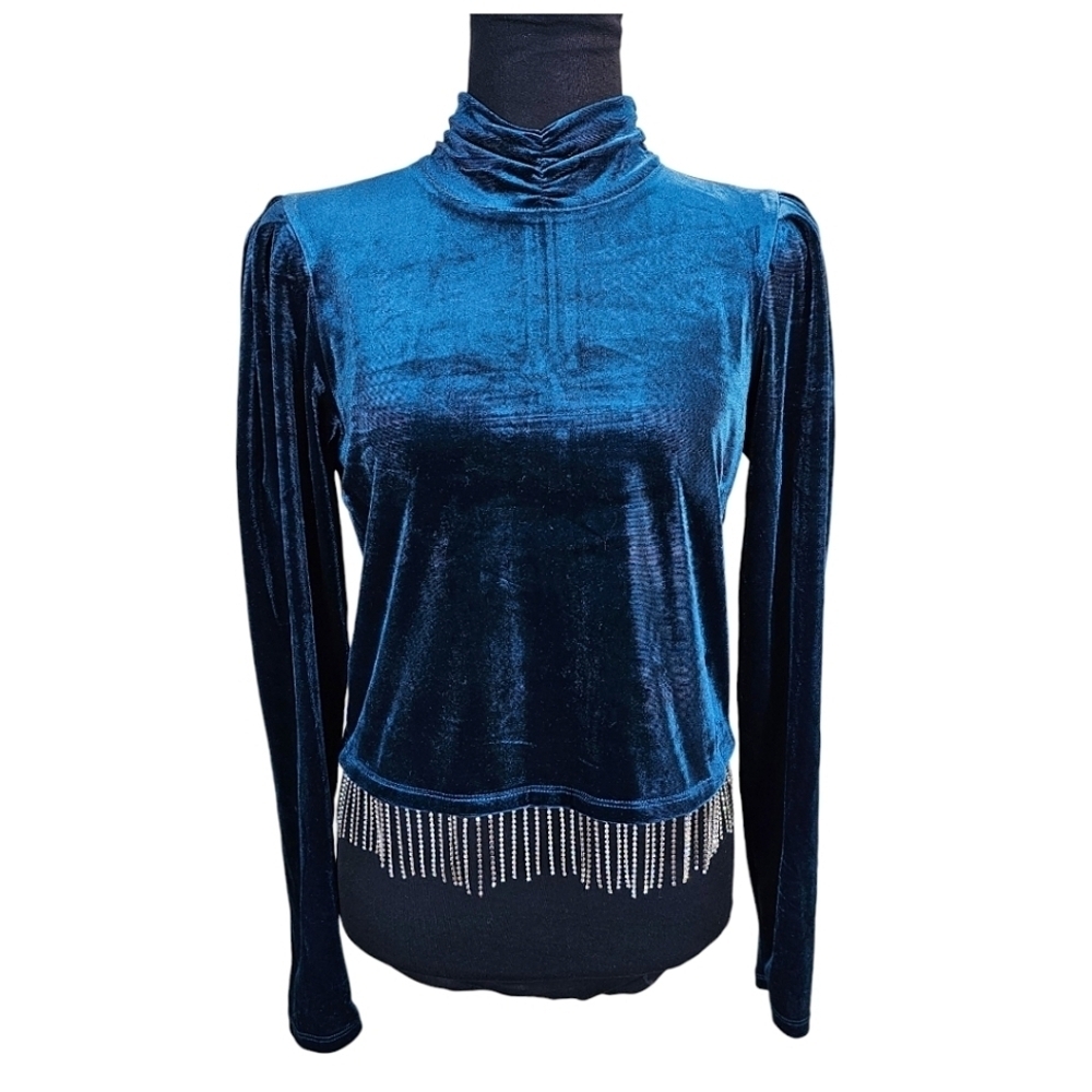 Joie Teal Velvet Mock Neck Long Sleeve Rhinestone Fringe Top Medium Whimsigoth